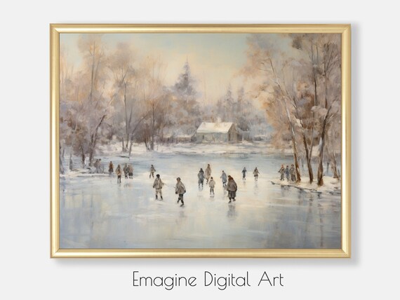 Ice Skaters on Country Lake, Vintage Winter Art Print