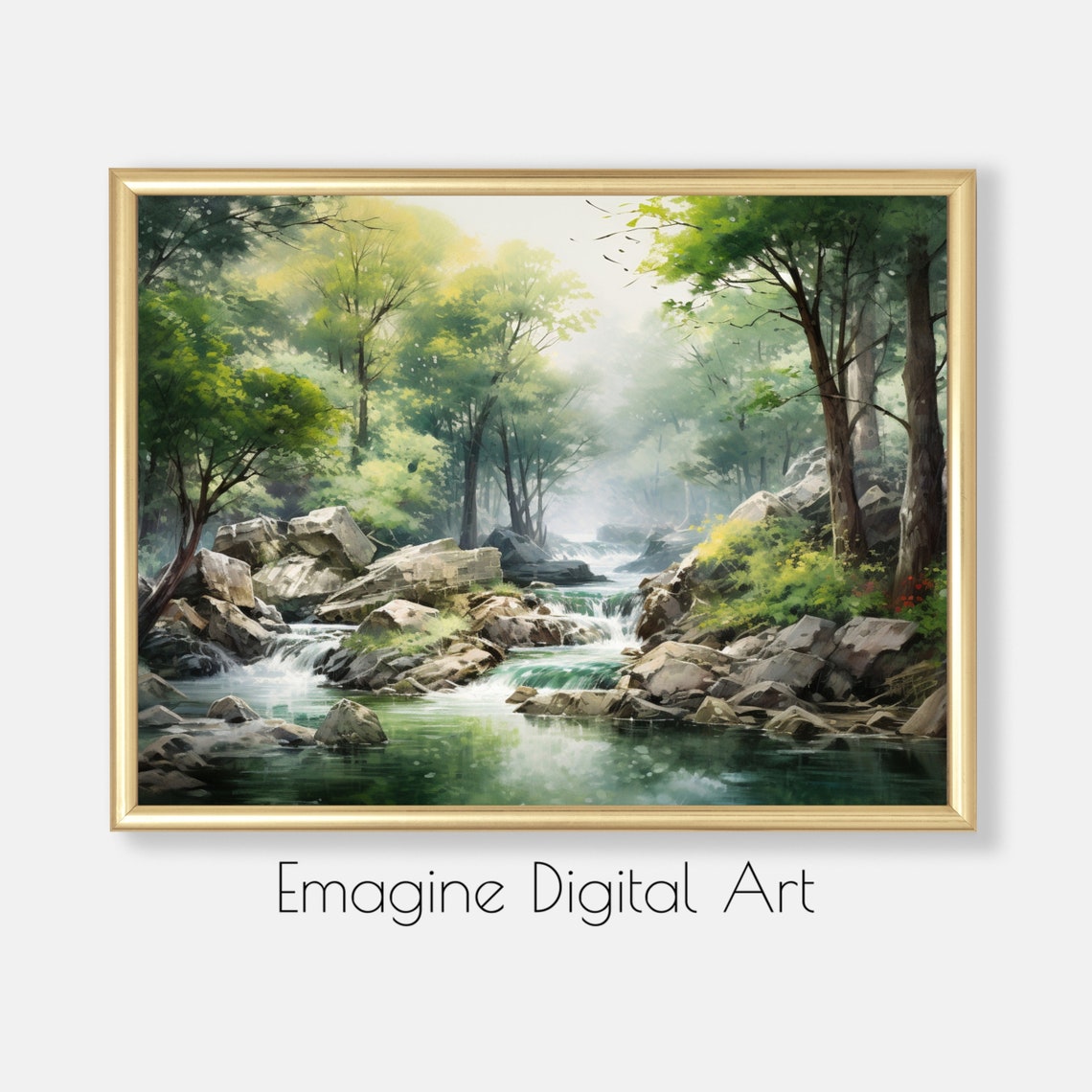 Summer Forest River Landscape Misty Green Trees Waterfall Poster