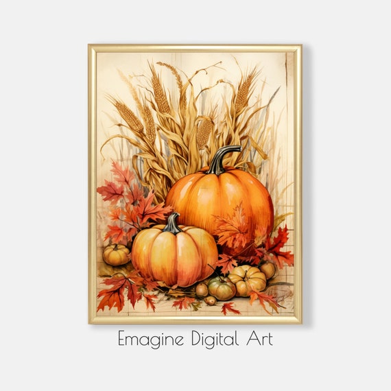 Art Fall Harvest Pumpkins Autumn Leaves And Cornstalks Wall Decor To Print Frame Tg05