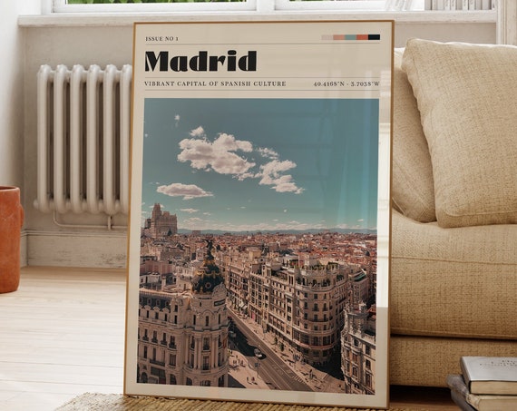 Madrid Travel Print Spanish Poster Cityscape Retro Kitchen Wall Art Gift For Traveller Living Room Decor Personalised