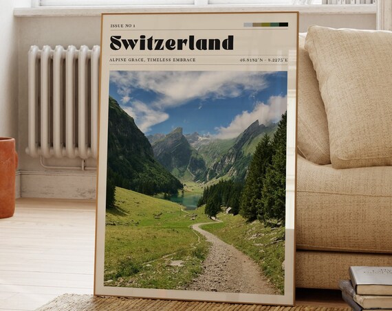 Switzerland Alpine Valley Photography Travel Poster With Coordinates