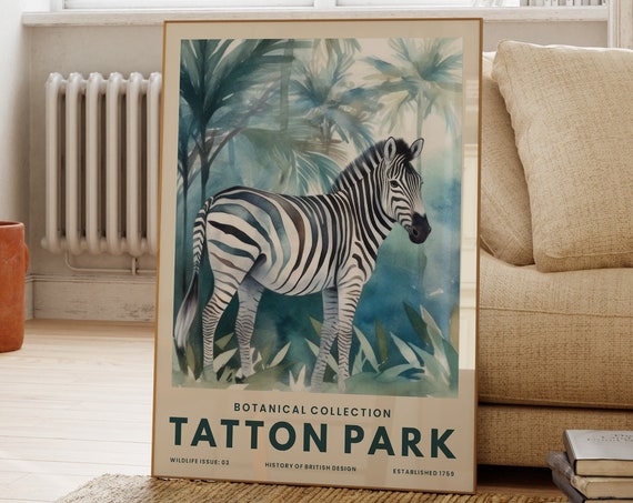 Zebra Tropical Print Blue Wall Decor Animal Art Botanical Nature Wildlife Gallery Living Room Posters Jungle
