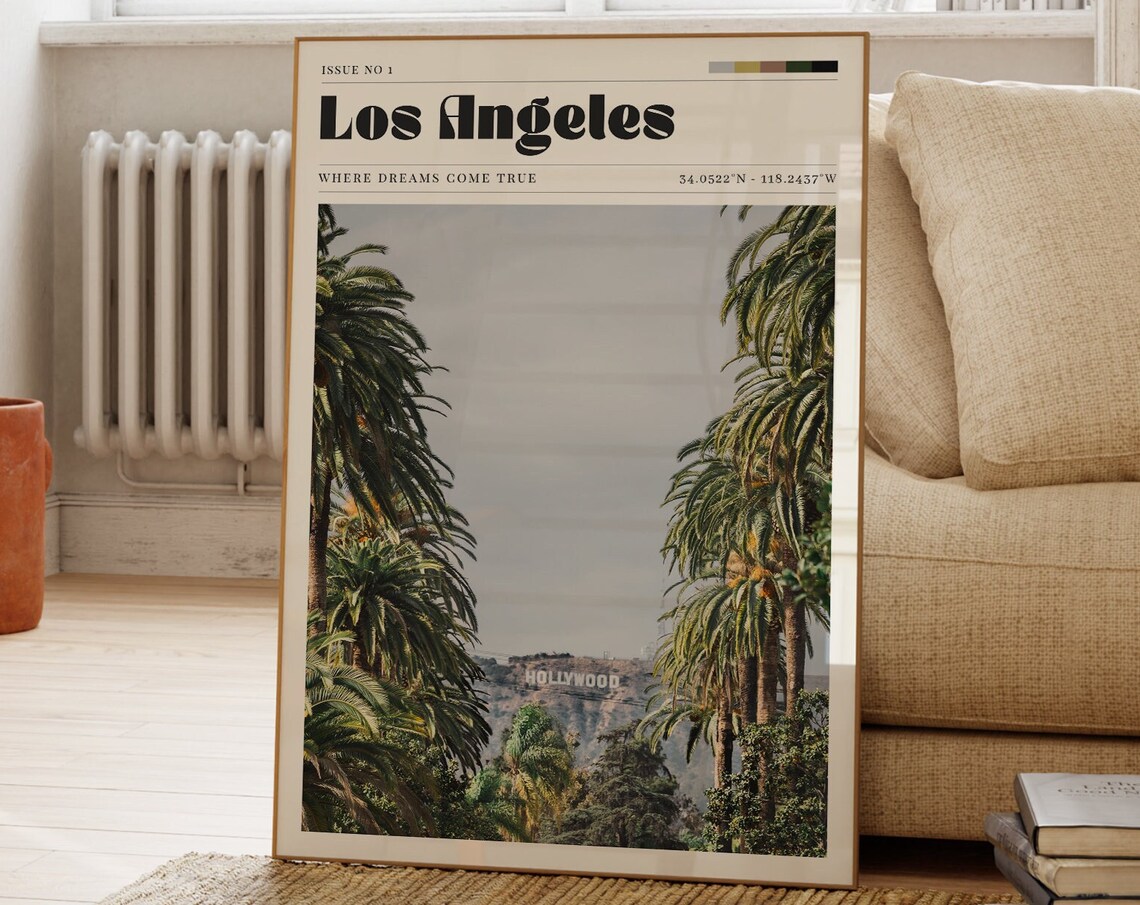 Los Angeles Hollywood Sign Palm Trees Magazine Style Travel Poster