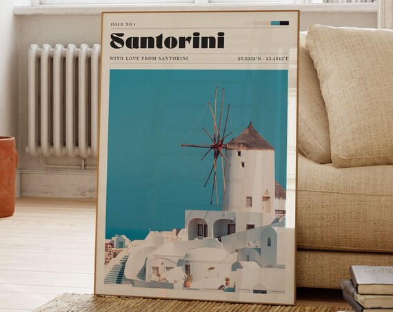 Santorini Greece Windmill White Buildings Photo Travel Poster