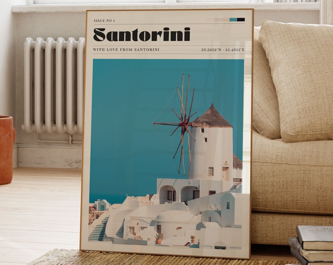 Santorini Greece Windmill White Buildings Photo Travel Poster