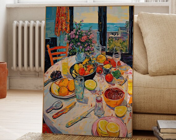 Colorful Mediterranean Dinner Table Fruit Still Life Art Poster