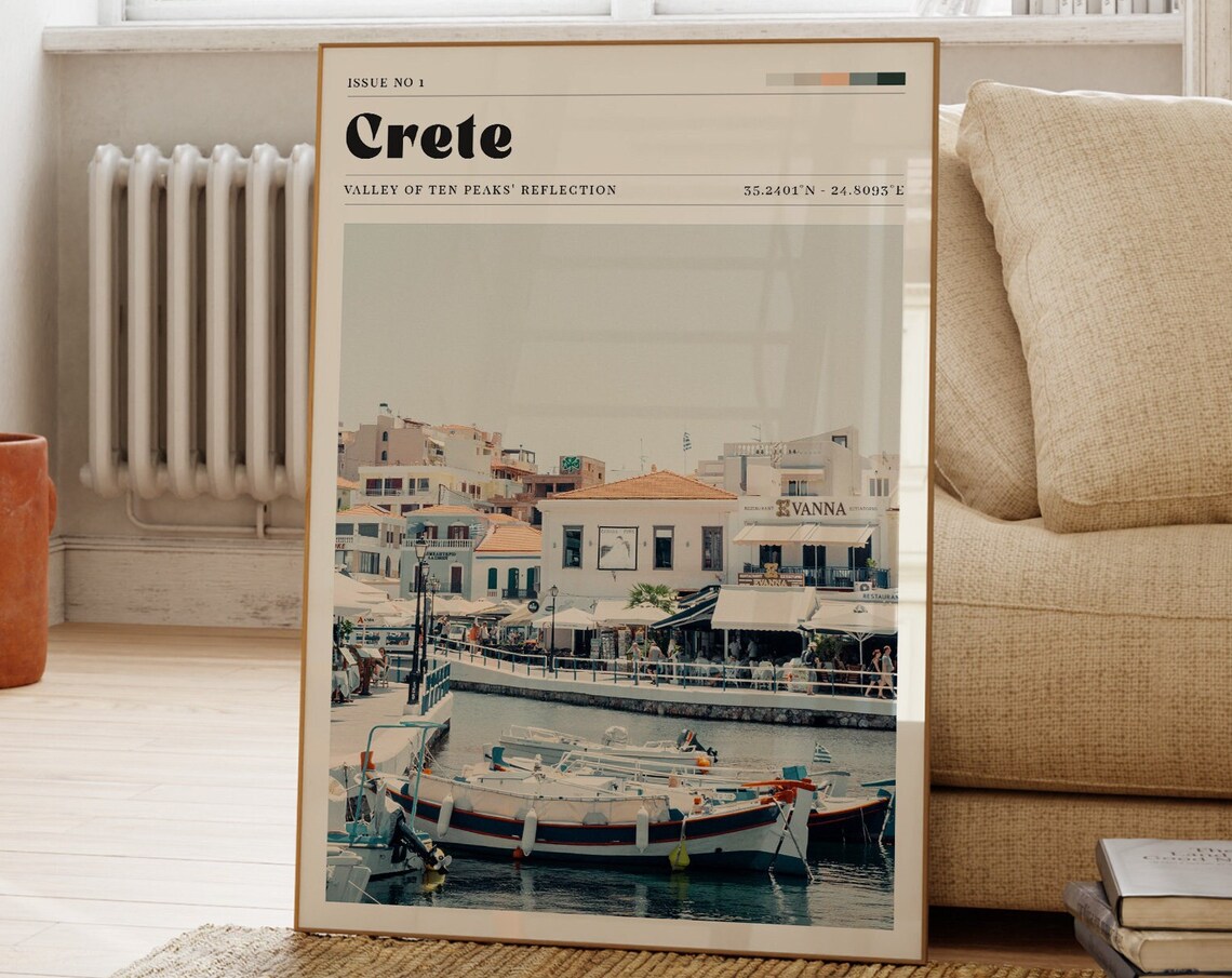 Crete Greece Harbor Fishing Boats Whitewashed Town Travel Poster