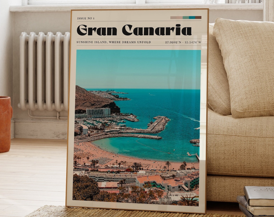 Gran Canaria Spain Aerial Harbor Beach Photo Style Travel Poster