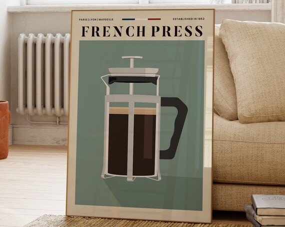 French Press Vintage Coffee Advertising Poster Retro Green Design