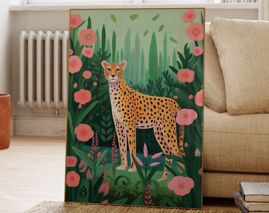 Cheetah Among Pink Flowers Botanical Jungle Wildlife Art Poster