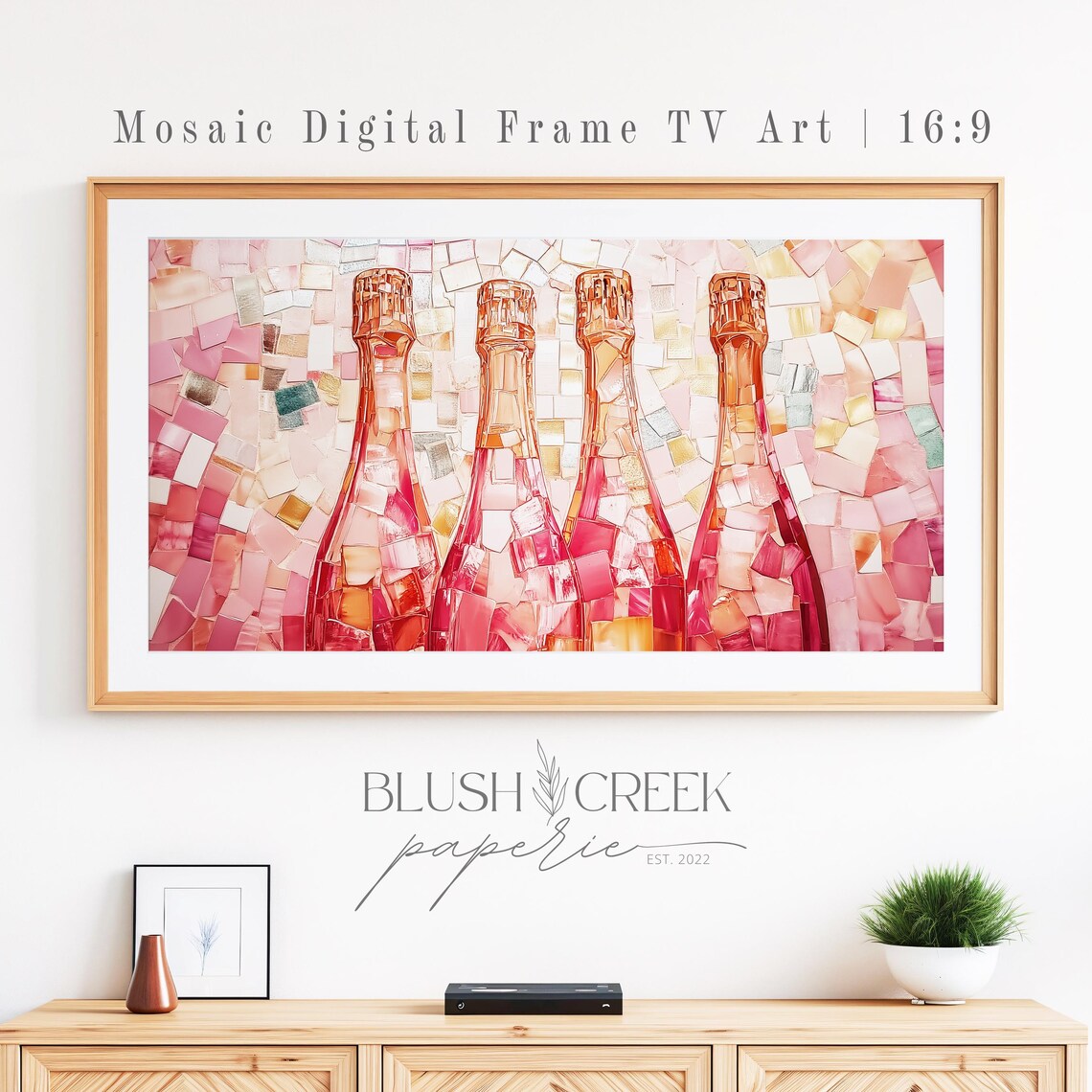 Blush Pink Champagne Bottles Mosaic Frame TV Art Romantic Decor Poster