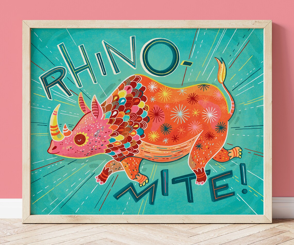Colorful Rhino Hand-Lettered Poster, Kids Room Decor