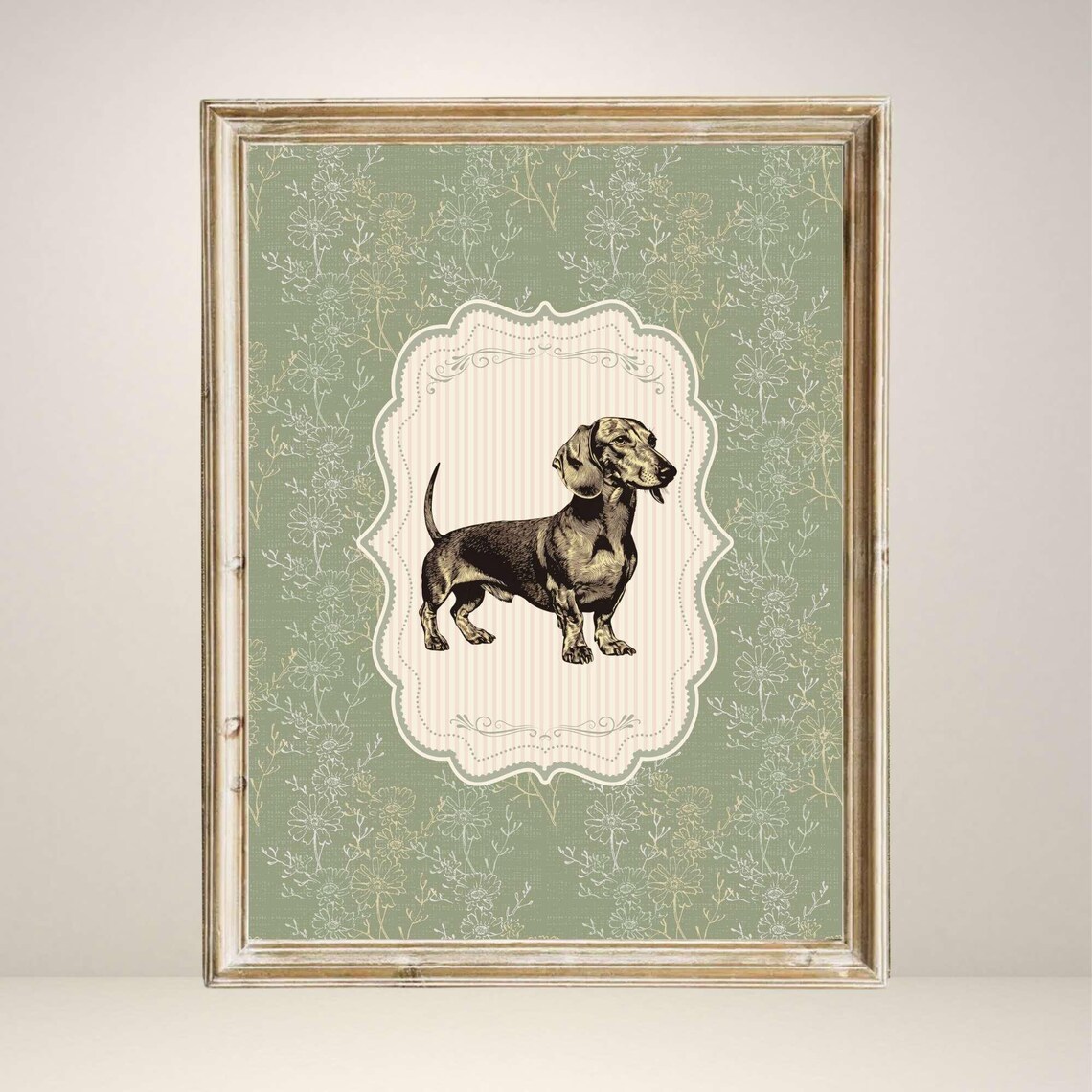 Vintage Dachshund Nursery Decor, Floral Dog Sketch