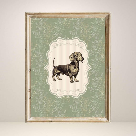 Vintage Dachshund Nursery Decor, Floral Dog Sketch