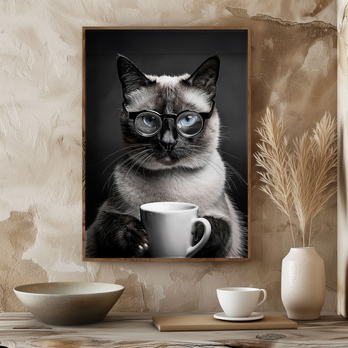 Siamese Drinking Coffee, Funny Cat Kitchen Art Print