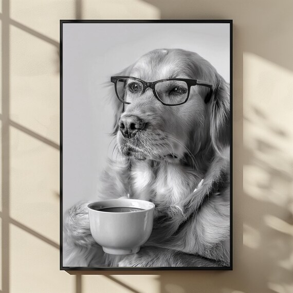 Golden Retriever Drinking Coffee - Funny Print