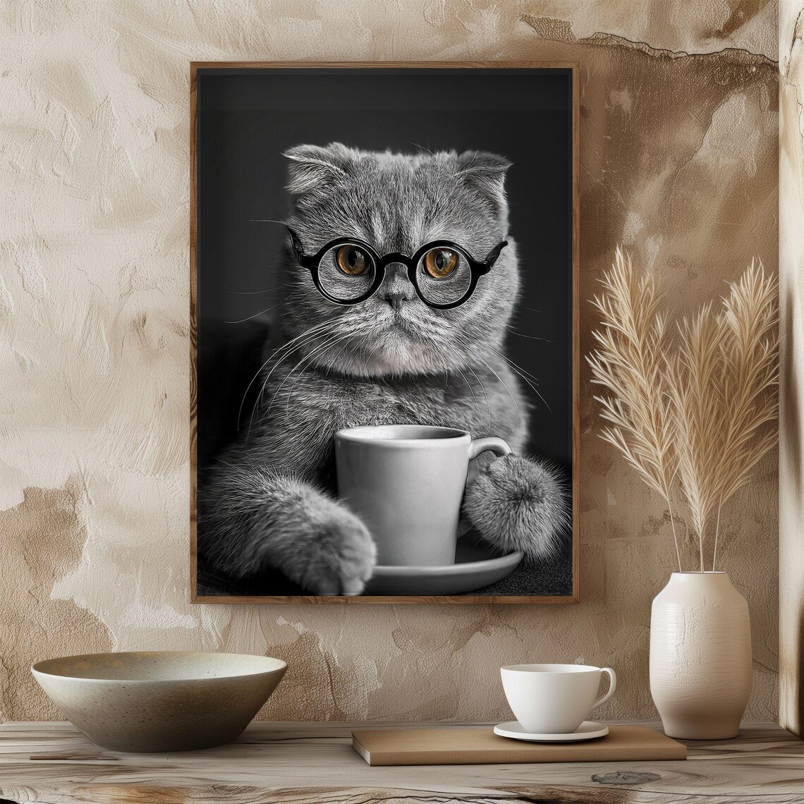 Scottish Fold Drinking Coffee, Vintage Cat Poster