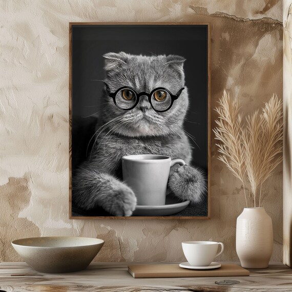 Scottish Fold Drinking Coffee, Vintage Cat Poster