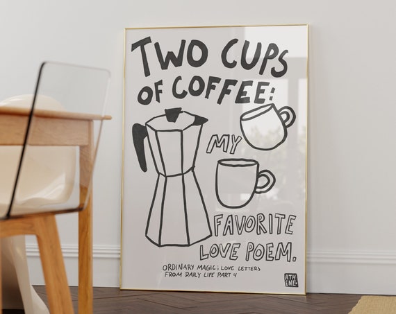 Two Cups Of Coffee Simple Cute Print Trendy Kitchen Art Minimal Illustration Scandi Style Mid Century