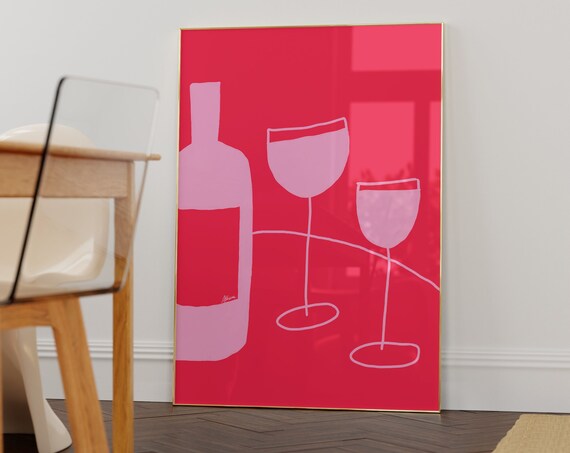 Wine Bottle Glasses Red Pink Minimal Line Art Modern Bar Cart Wall Poster