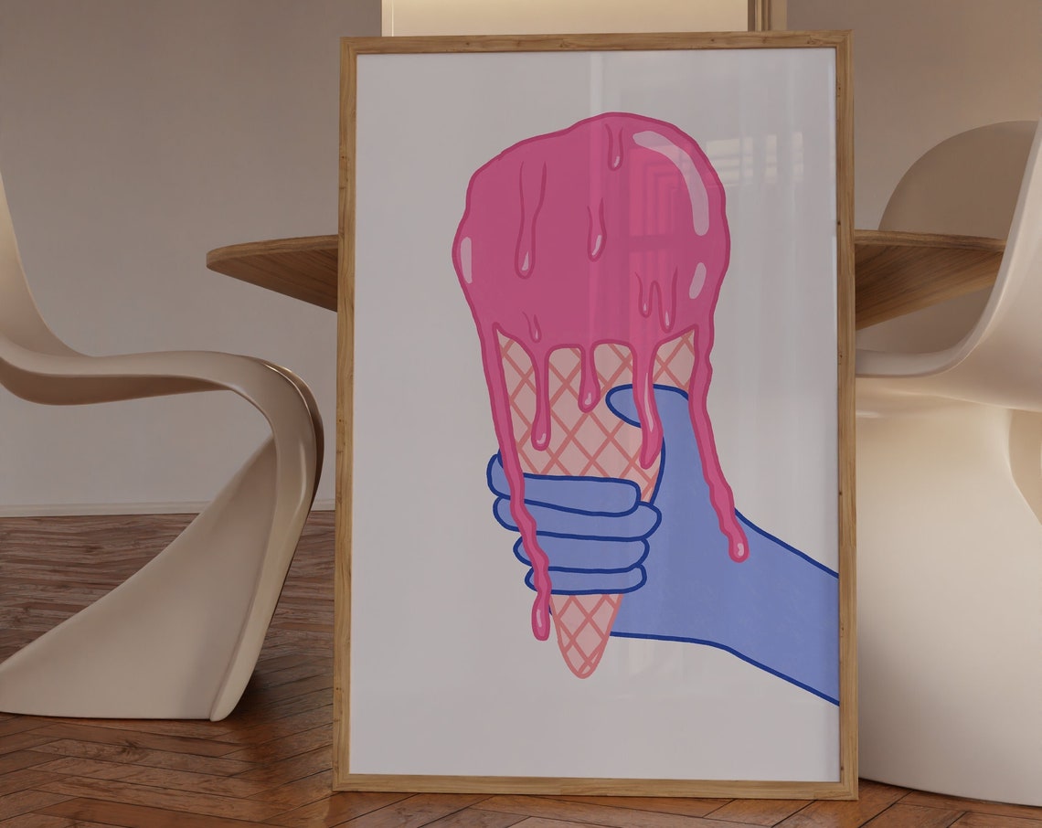 Melting Pink Ice Cream Cone Held By Blue Hand Pop Art Poster