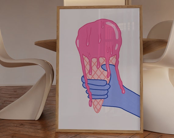 Ice Cream Illustration Print Danish Pastel Decor Dopamine Decor Pastel Kitchen Prints Light Pink Wall Art Kids Room Wall Art Light Blue