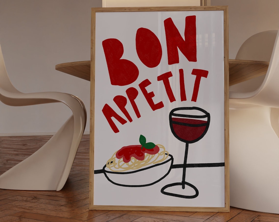 Bon Appetit Pasta Drawing, Italian Boho Art Print