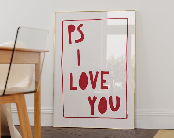 Ps I Love You Print Romantic Wall Art Apartment Decor Room Cute Hand Drawn Illustration Red And White