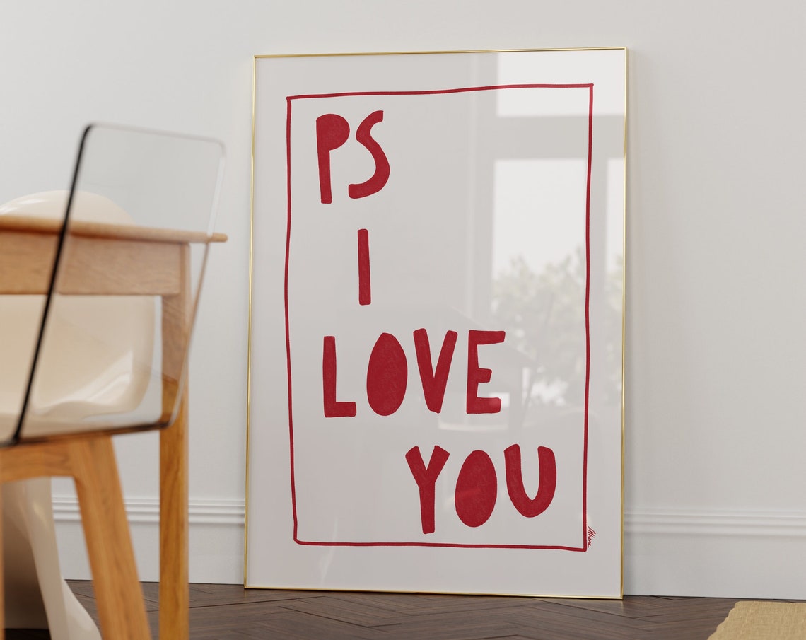 PS I Love You Hand Lettered Red Typography Romantic Quote Art Poster