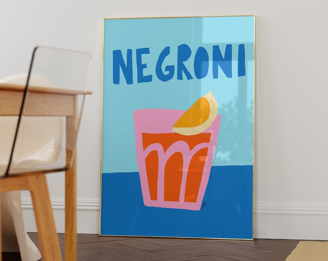 Negroni Cocktail Glass Orange Slice Blue Bold Colorful Kitchen Bar Poster