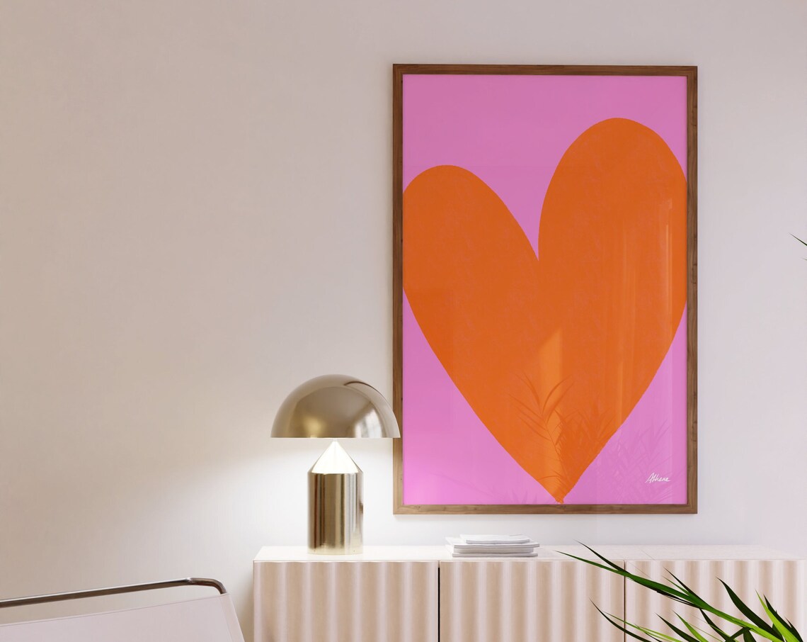 Orange Heart on Pink Minimalist Love Art Modern Decor Poster