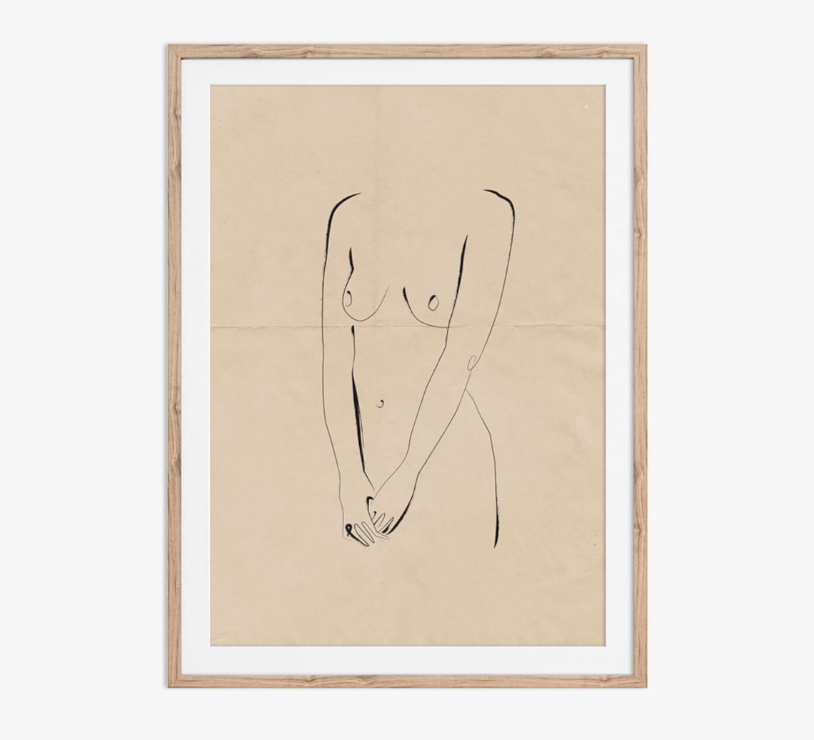 Minimalist Nude Sketch On Creased Vintage Paper