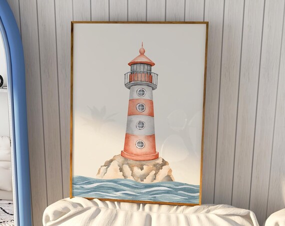 Red and White Striped Lighthouse on Rocky Shore Watercolor Art Poster