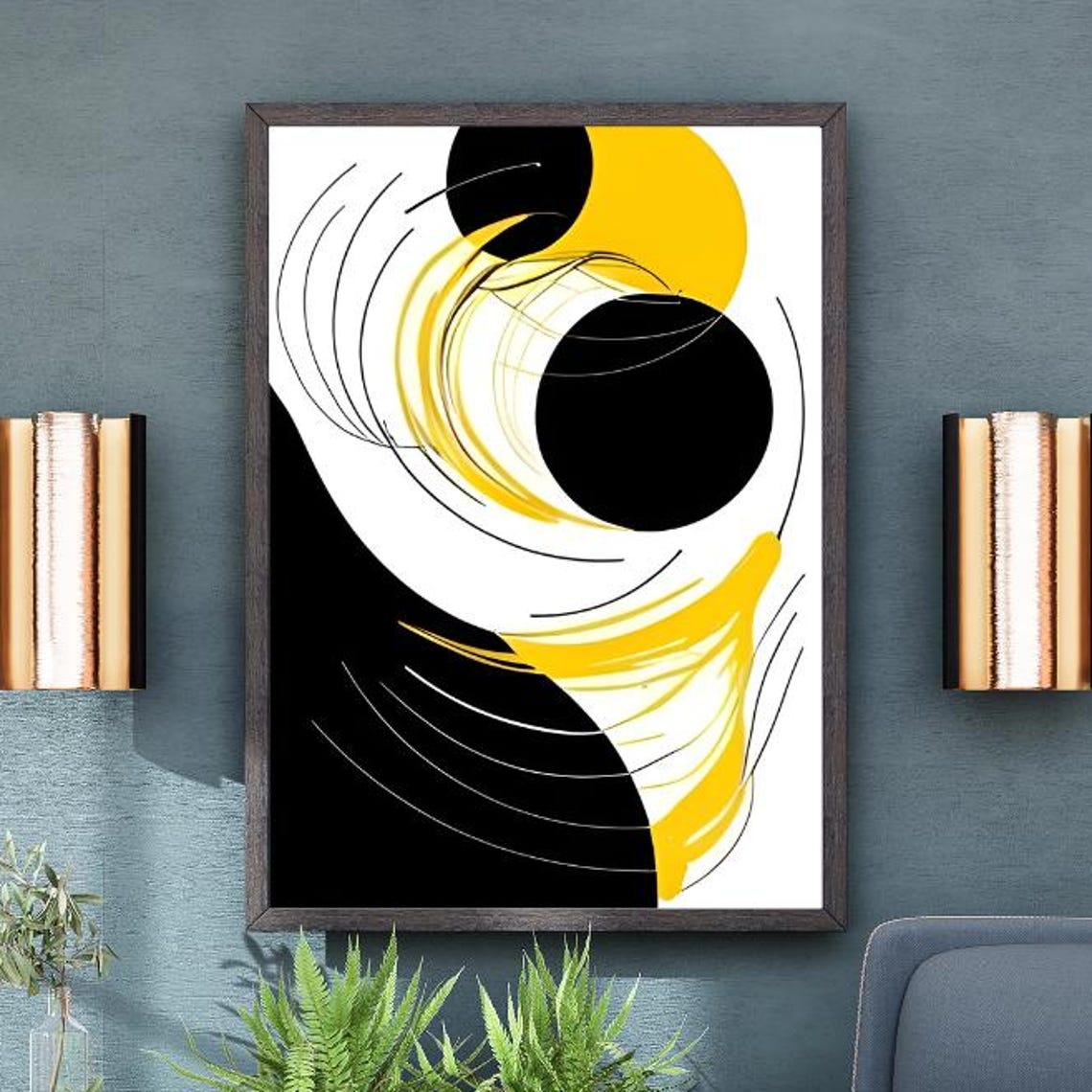 Yellow Black Swirl Lines Circular Motion Modern Abstract Art Poster