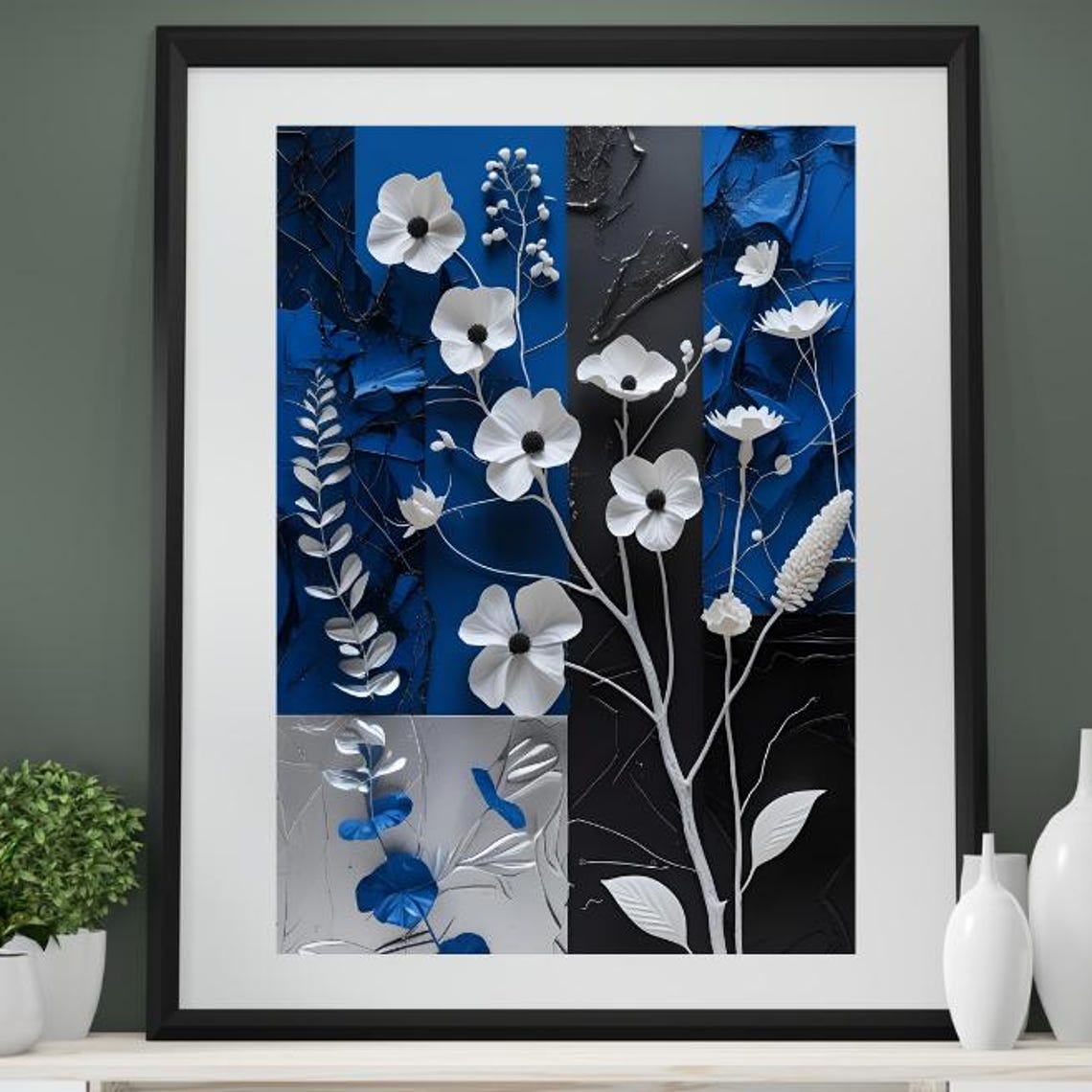 Blue Black Panel White Sculpted Anemone Flower Botanical Art Poster