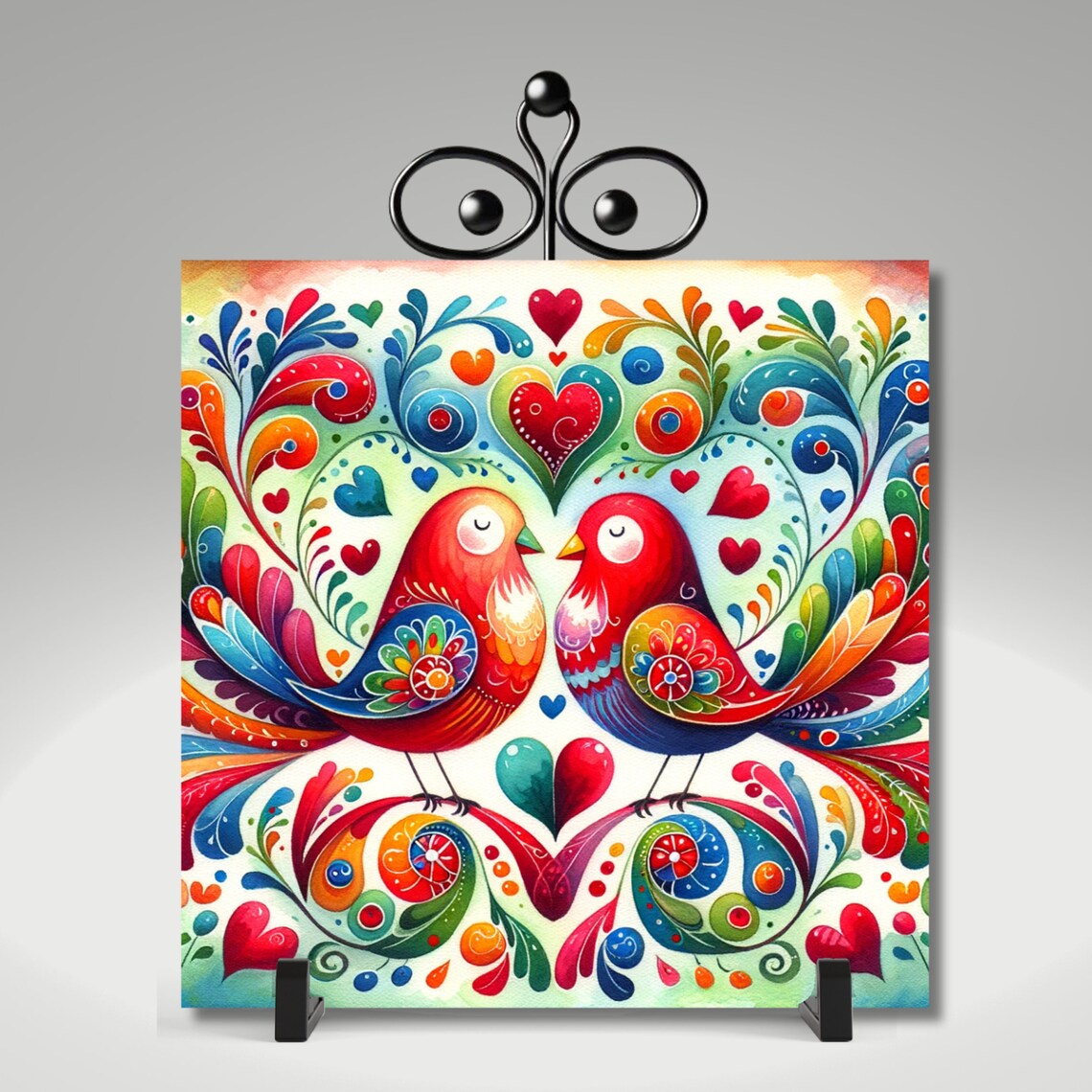 Folk Art Love Birds Decorative Ceramic Tile Home Decor - Image 5