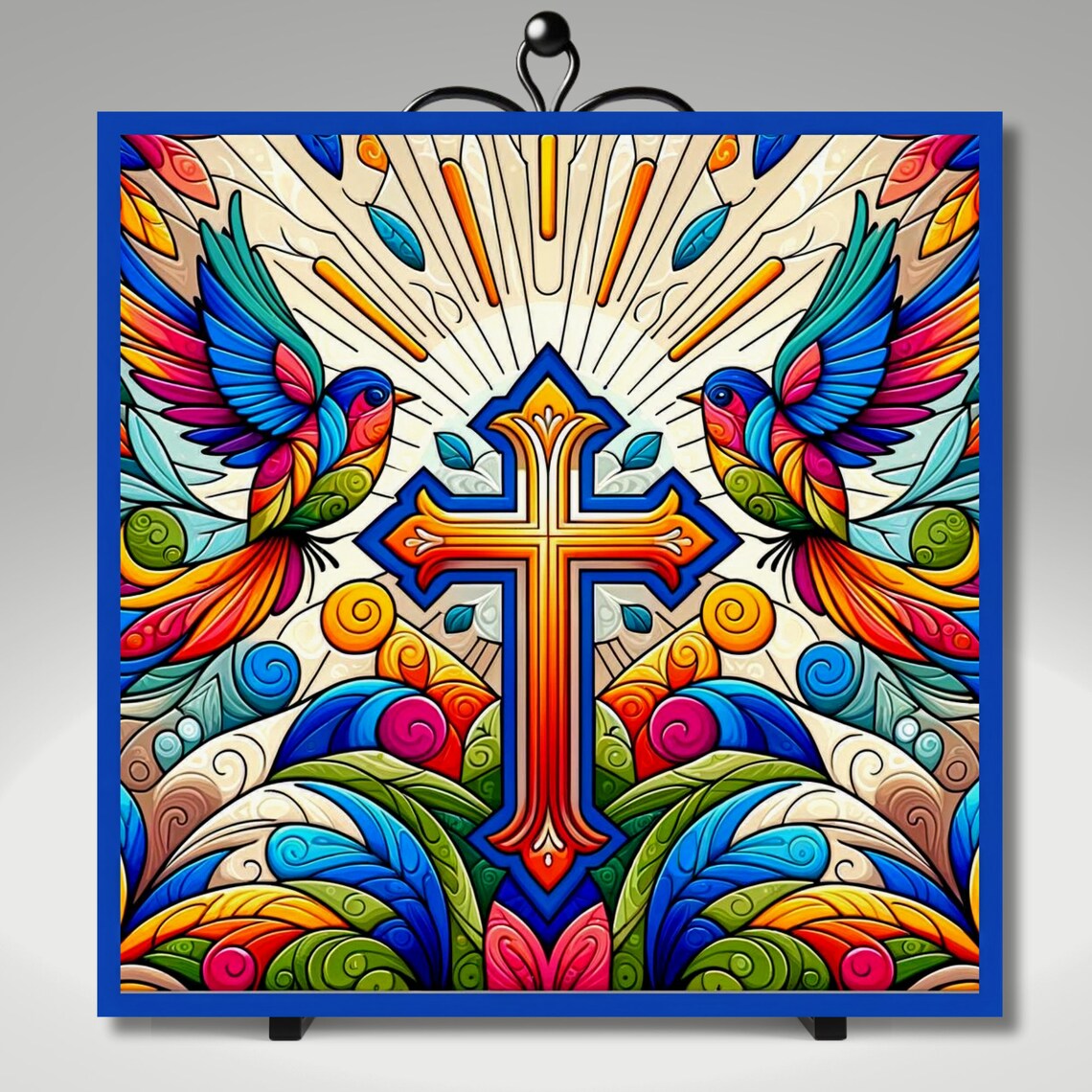 Ornate Folk Cross with Twin Songbirds in Radiant Sunbeams Wall Art - Image 5
