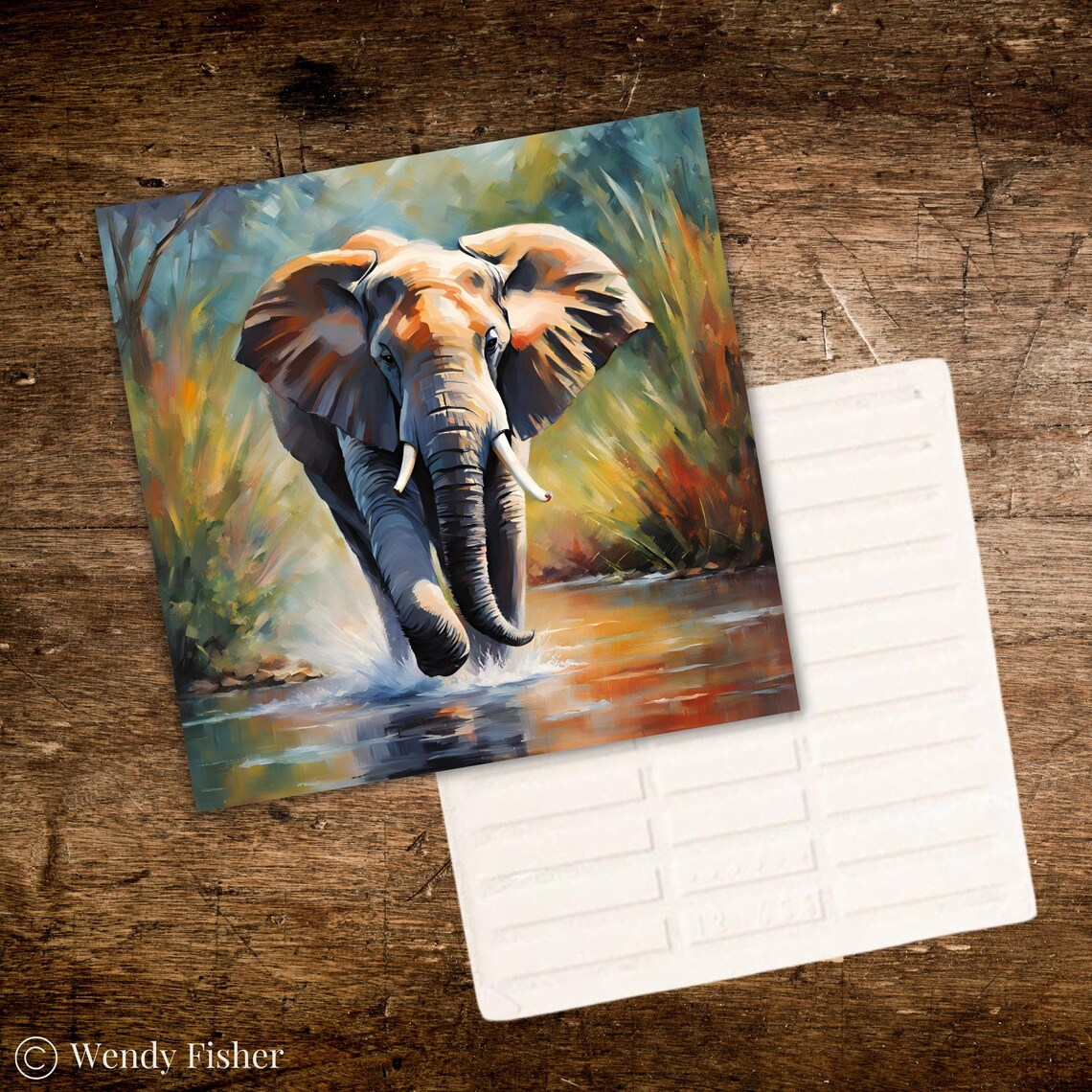 African Elephant Crossing River Wildlife Oil Painting Wall Art - Image 2