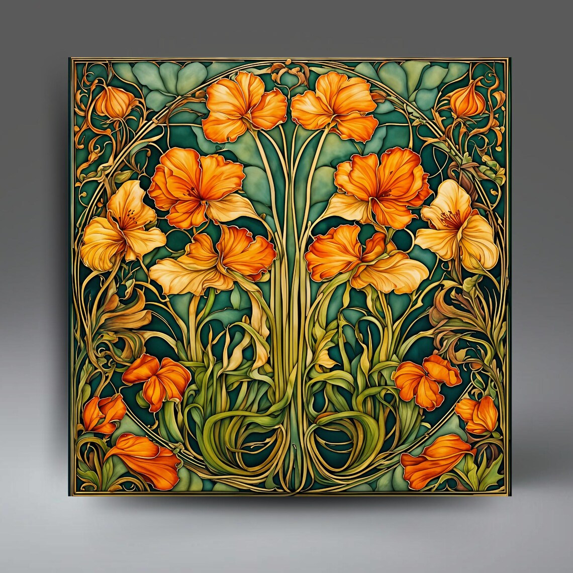 Art Nouveau Floral Tile, Vintage Botanical Art Print