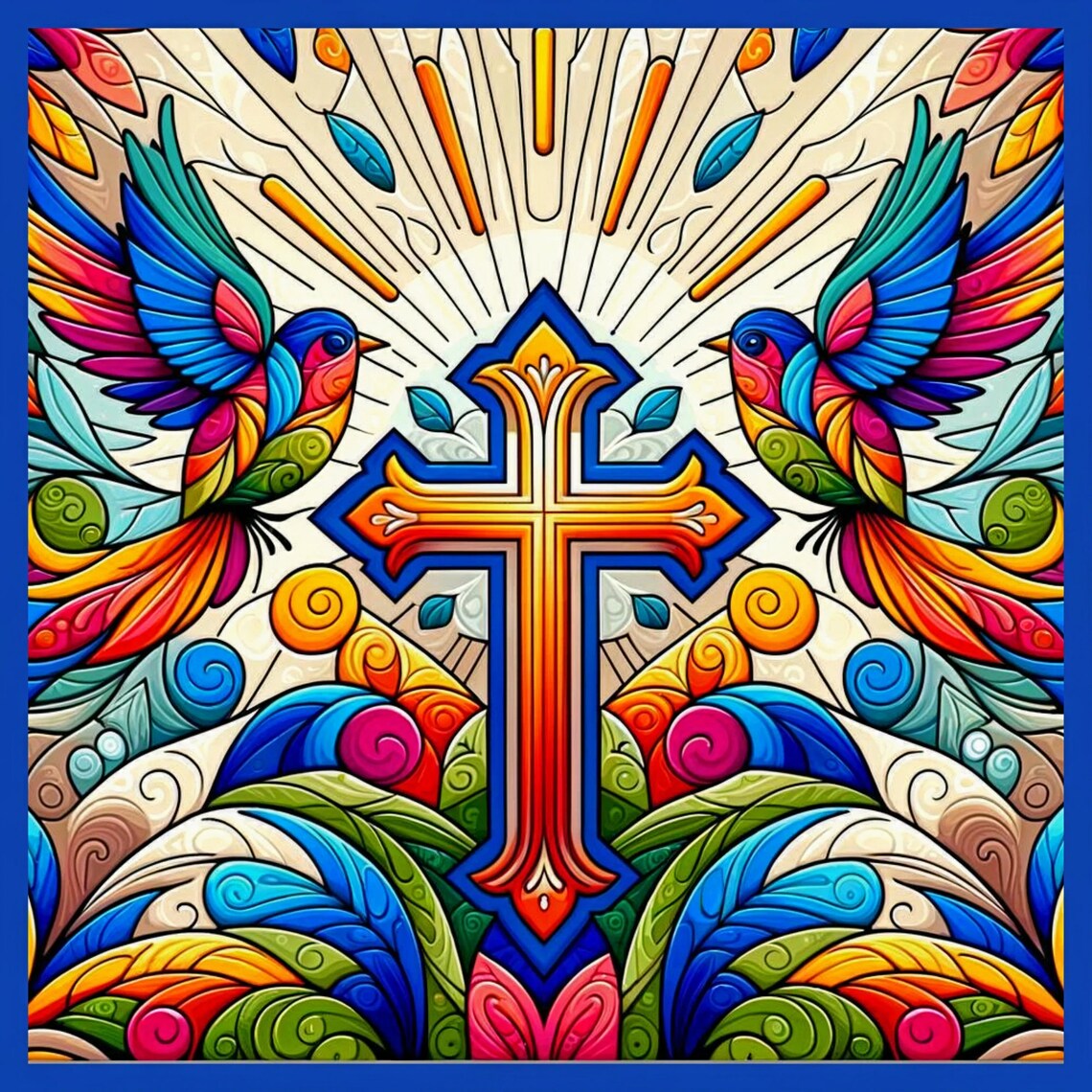 Ornate Folk Cross with Twin Songbirds in Radiant Sunbeams Wall Art - Image 4