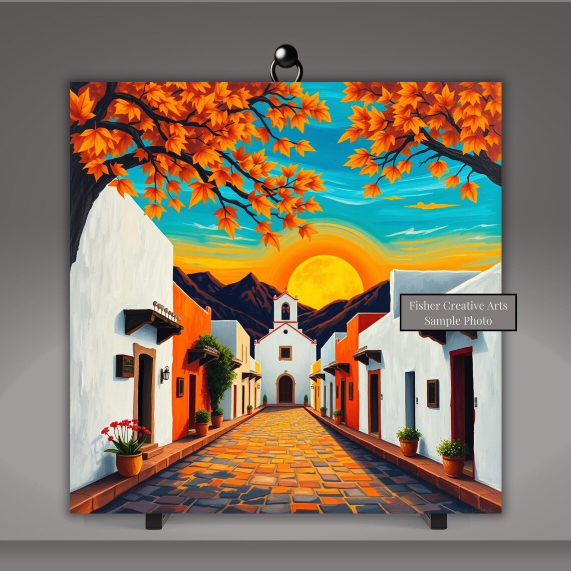 Mexican Village Sunset, Mountain Street Scene Art Print - Image 5