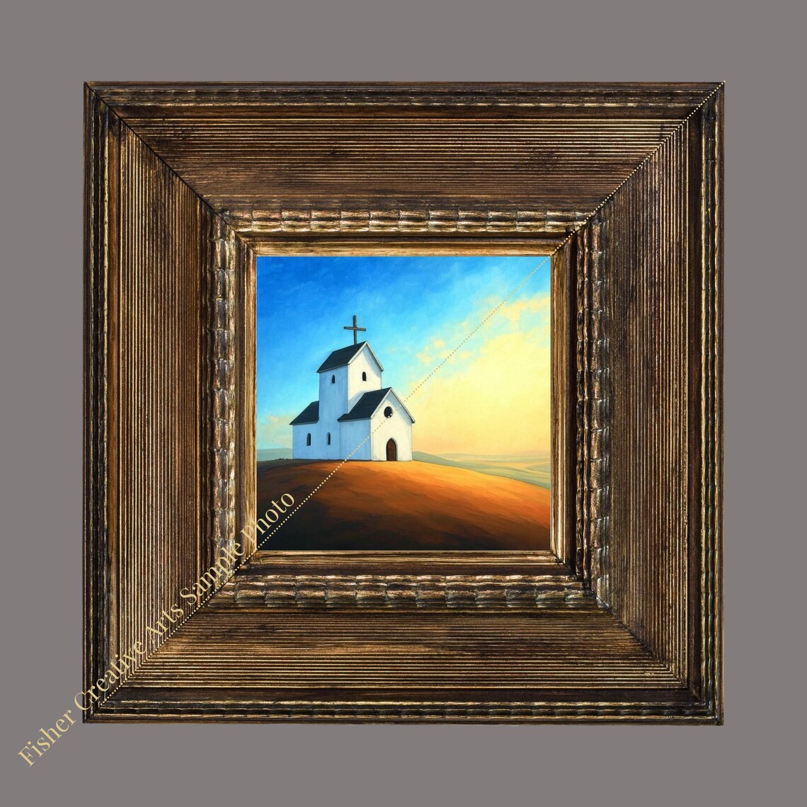 Little White Church on Golden Hill Glowing at Sunrise Wall Art - Image 2