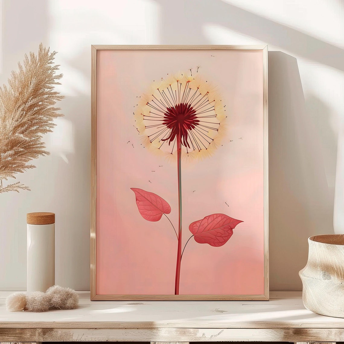 Red Dandelion Flower On Blush Pink Modern Botanical Art Poster
