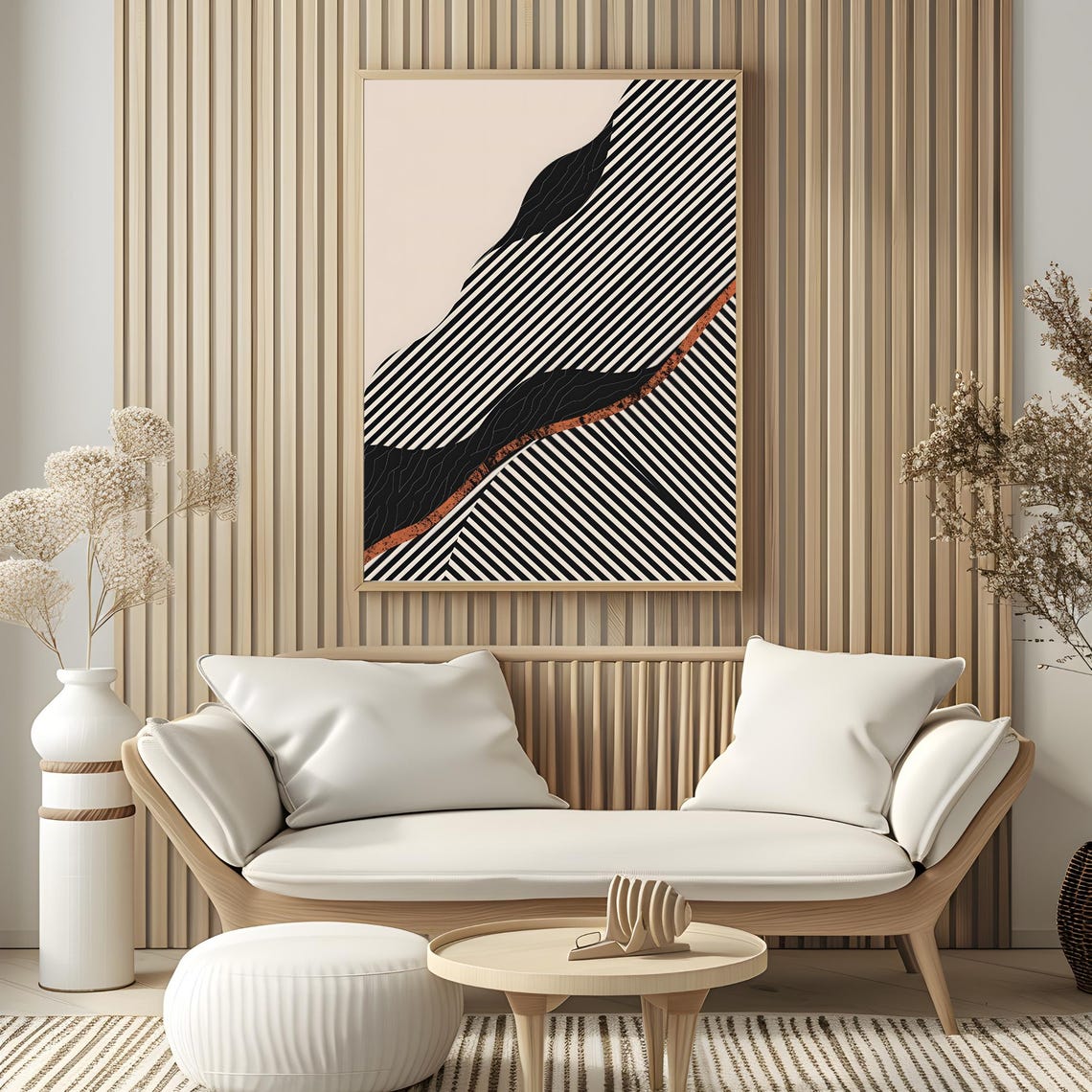 Mid Century Modern Black Stripe Wave Rust Edge Beige Art Poster - Image 4