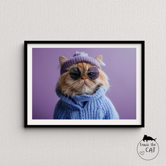 Ginger Long Haired Cat in Purple Beanie Sunglasses and Knit Sweater Poster