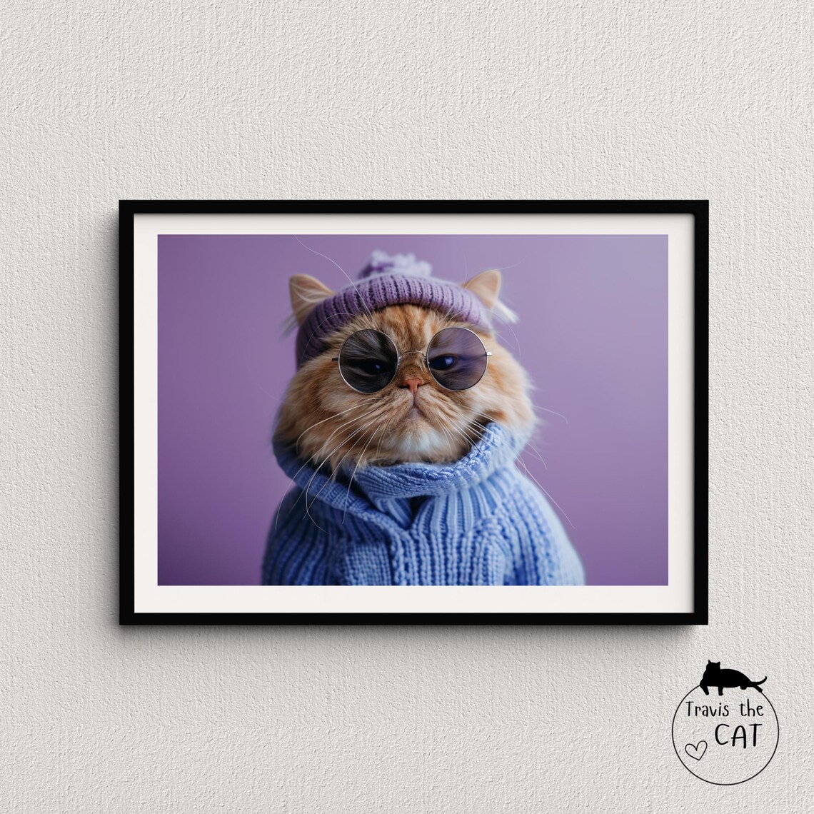 Ginger Long Haired Cat in Purple Beanie Sunglasses and Knit Sweater Poster