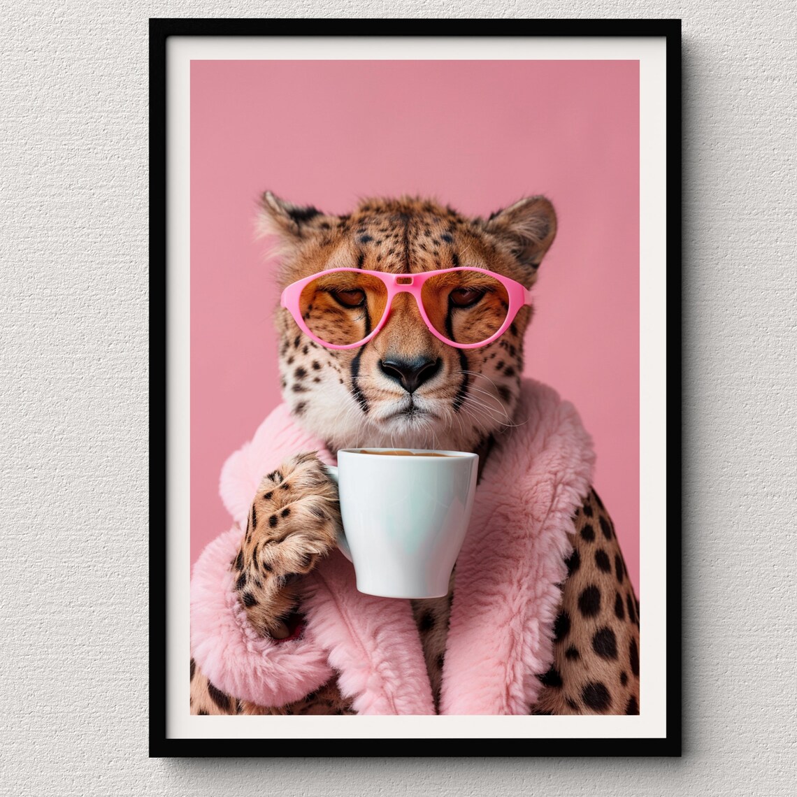 Glamorous Cheetah in Pink Fur Coat Sunglasses and Coffee Pop Art Poster