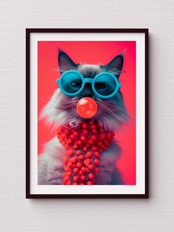 Ragdoll Cat Blowing Red Bubblegum in Blue Sunglasses Red Pop Poster