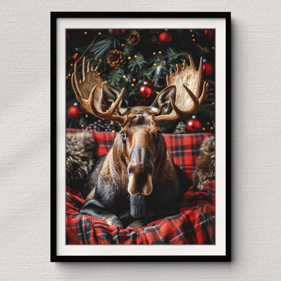 Moose Resting by the Christmas Tree in Red Plaid Cozy Holiday Poster