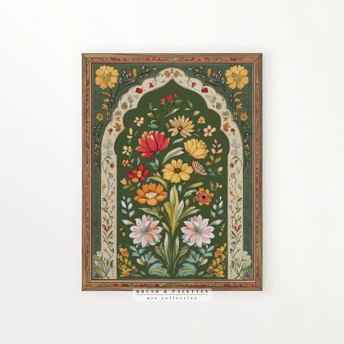 Mughal Floral Arch Botanical Painting Deep Green Red Gold Wall Art